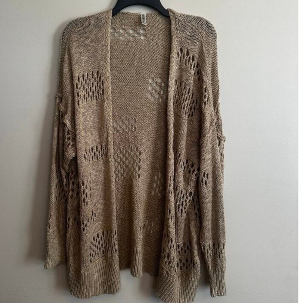 Boho Open Knit Cardigan Beige Lightweight Sweater Size L Coastal Festival